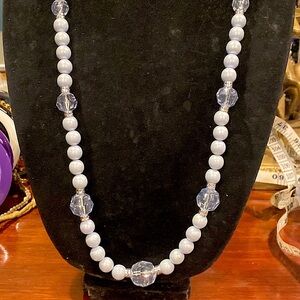 Pale I y Blue Faux Pearls and Clear Acrylic Necklace . Vintage